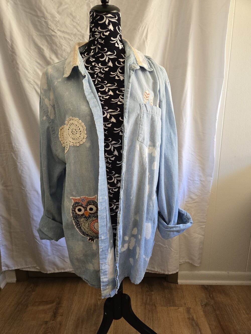 Light Blue Denim Shirt Jacket with Owl Appliqué